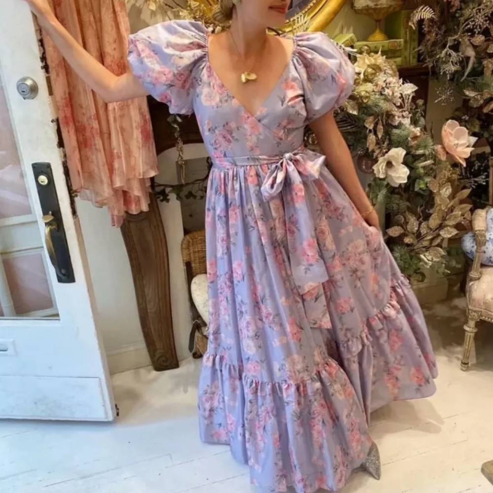 Lilac Floral Puff Sleeve High Waist Surplice Maxi Dress with Bow - Picture 16 of 16